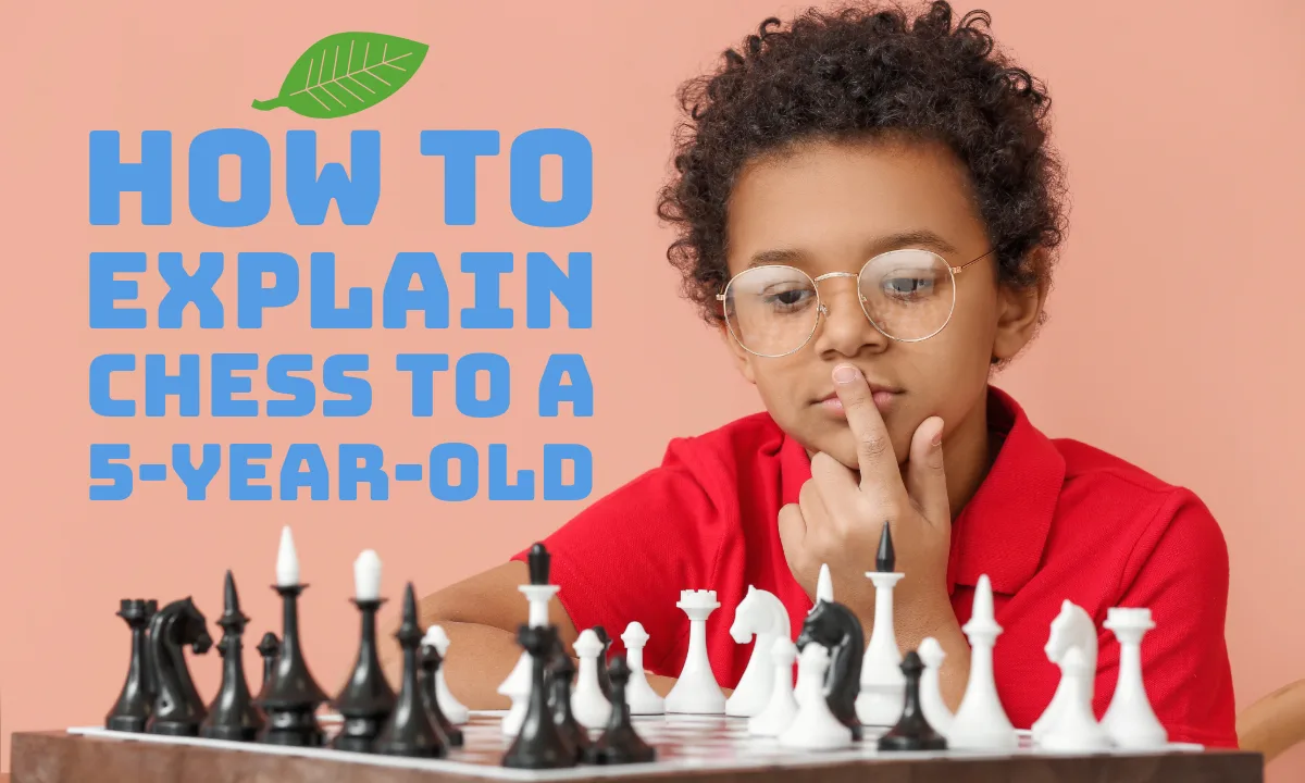 Cute African-American boy playing chess on color background with a text How to Explain Chess to a 5-Year-Old