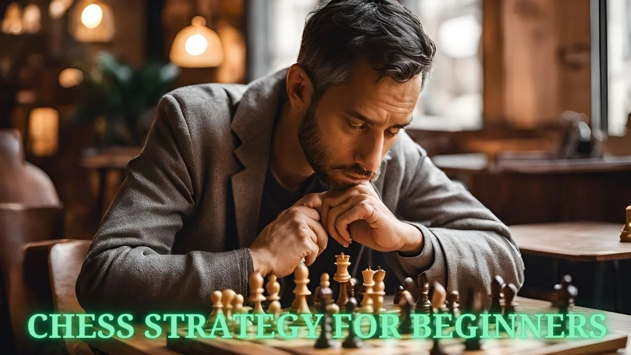 A man playing chess with the words chess strategy for beginners