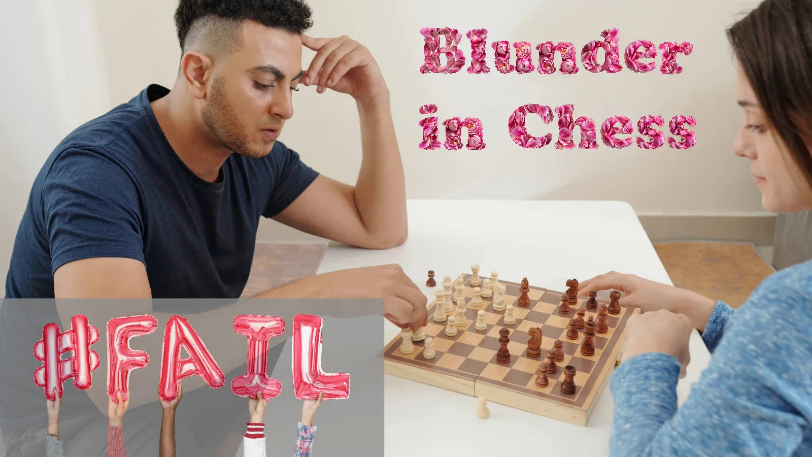 a man playing chess with a women, with a blunder in chess text