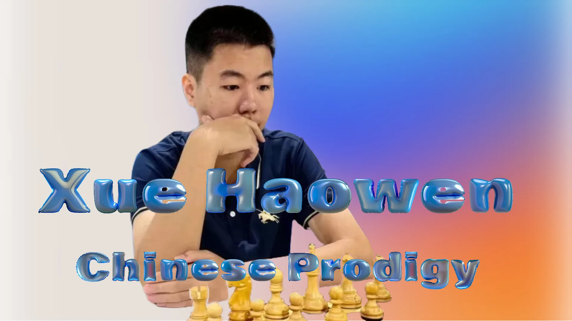 Xue Haowen beside a chess board